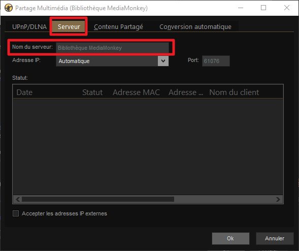Capture d'écran de l'application MediaMonkey, renommage du serveur.