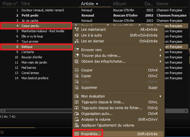 Capture d'écran de l'application MediaMonkey, sélection de deux fichiers puis propriétés.