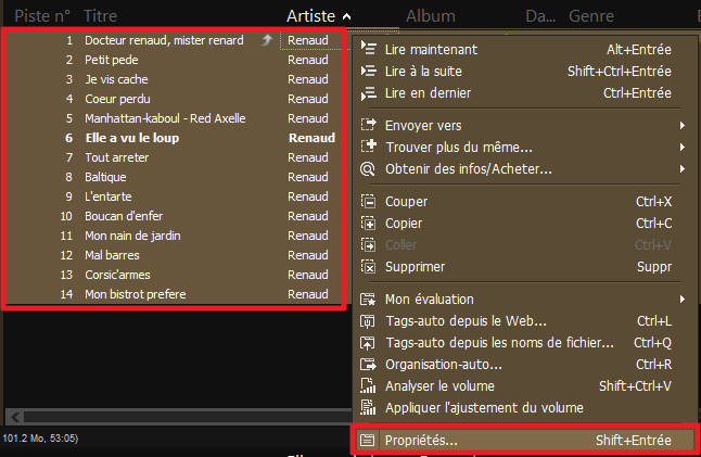 Capture d'écran de l'application MediaMonkey, sélection de toutes les pistes d'un album puis "propriétés".