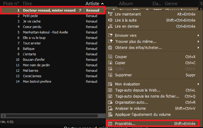 Capture d'écran de l'application MediaMonkey, sélection d'un seul fichier puis propriétés.