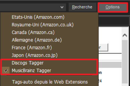 Capture d'écran de l'application MediaMonkey, options de recherche de la fonction "Tags-auto depuis le Web".