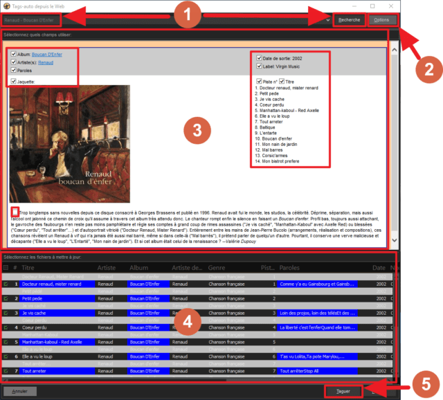 Capture d'écran de l'application MediaMonkey, tags-auto depuis le web.