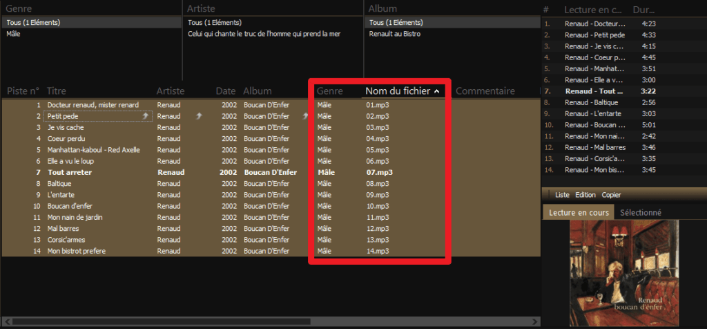 Capture d'écran de l'application MediaMonkey, mauvais genre et noms de fichiers.