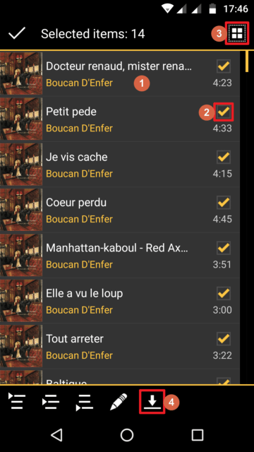 Capture d'écran de l'application MediaMonkey Android, sélection des fichiers à télécharger.