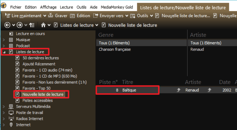 Capture d'écran de l'application MediaMonkey Windows, collection "Listes de lecture".