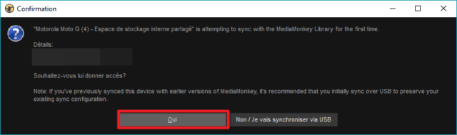 Capture d'écran de l'application MediaMonkey Windows, confirmation de connexion.