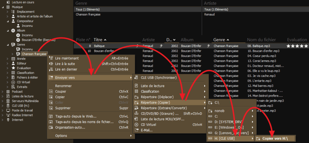 Capture d'écran de l'application MediaMonkey Windows, envoi du genre "Chanson française" vers clé USB.