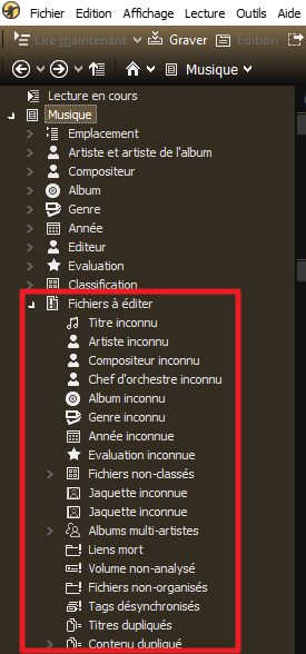 Capture d'écran de l'application MediaMonkey Windows, vue de l'arborescence "Fichiers à éditer".