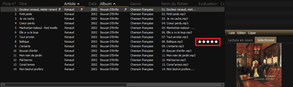 Capture d'écran de l'application MediaMonkey Windows montrant une chanson notée 5 étoiles.