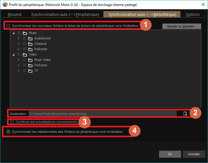 Capture d'écran de l'application MediaMonkey, onglet "Synchronisation-auto vers PC" du profil de périphérique.