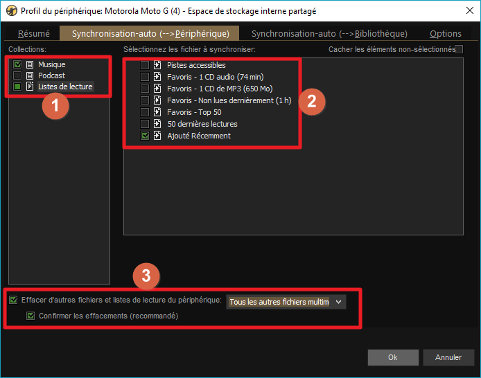 Capture d'écran de l'application MediaMonkey, onglet "Synchro-auto vers périphérique" du profil de périphérique.