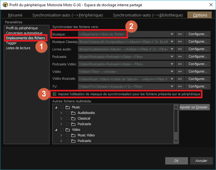 Capture d'écran de l'application MediaMonkey, onglet "Emplacement des fichiers" des options du profil de périphérique.