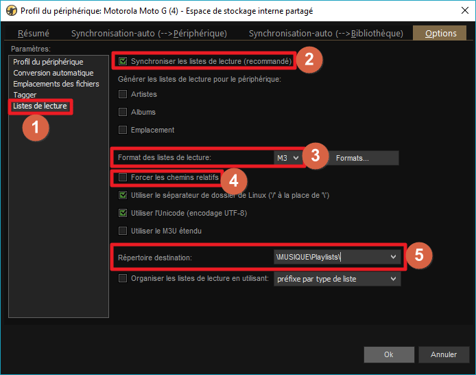 Capture d'écran de l'application MediaMonkey, onglet "Listes de lecture" des options du profil de périphérique.