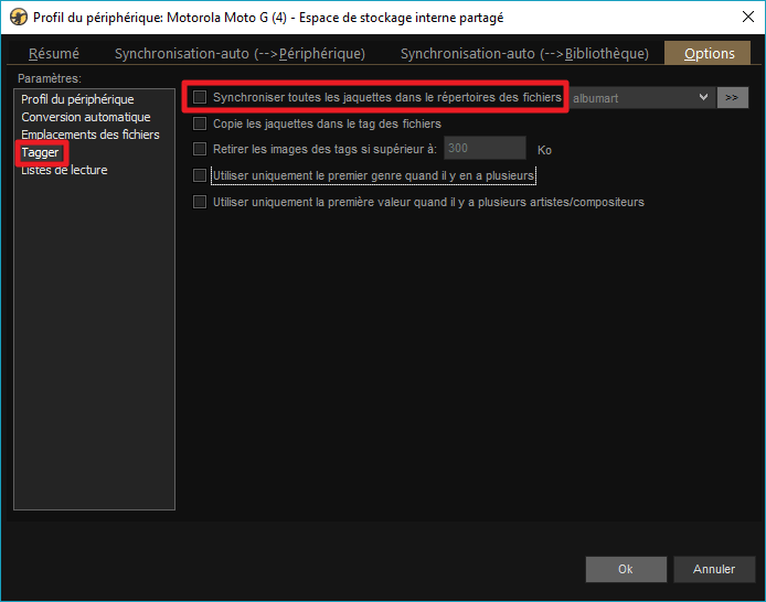 Capture d'écran de l'application MediaMonkey, onglet "Tagger" des options du profil de périphérique.