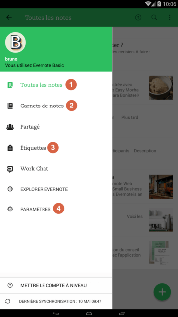Le menu latéral d'Evernote Android