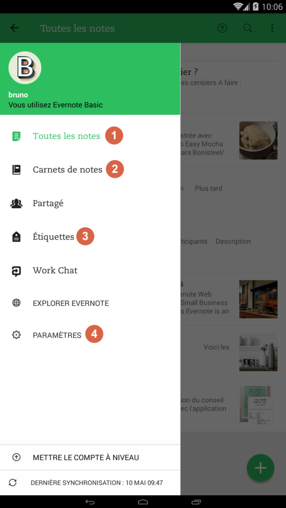 Le menu latéral d'Evernote Android