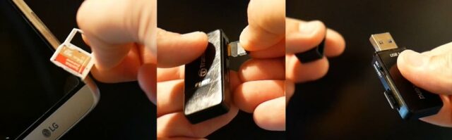 Photo d'un carte microSD d'un smartphone insérée dans un lecteur de carte USB