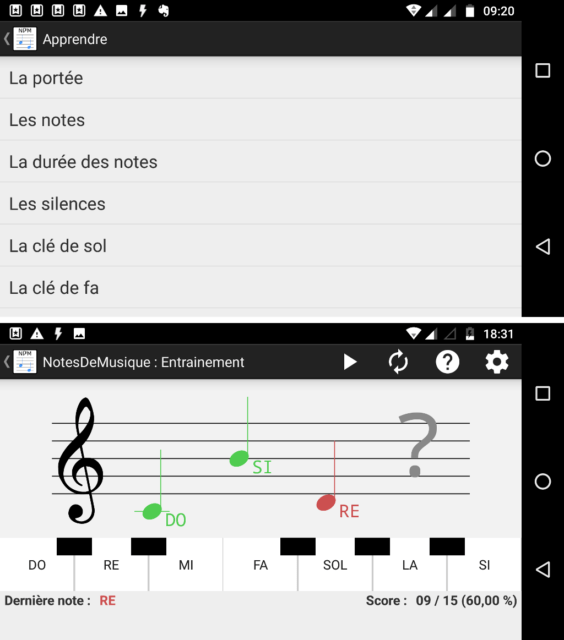 Capture d'écran de l'application Android Notes de musique.