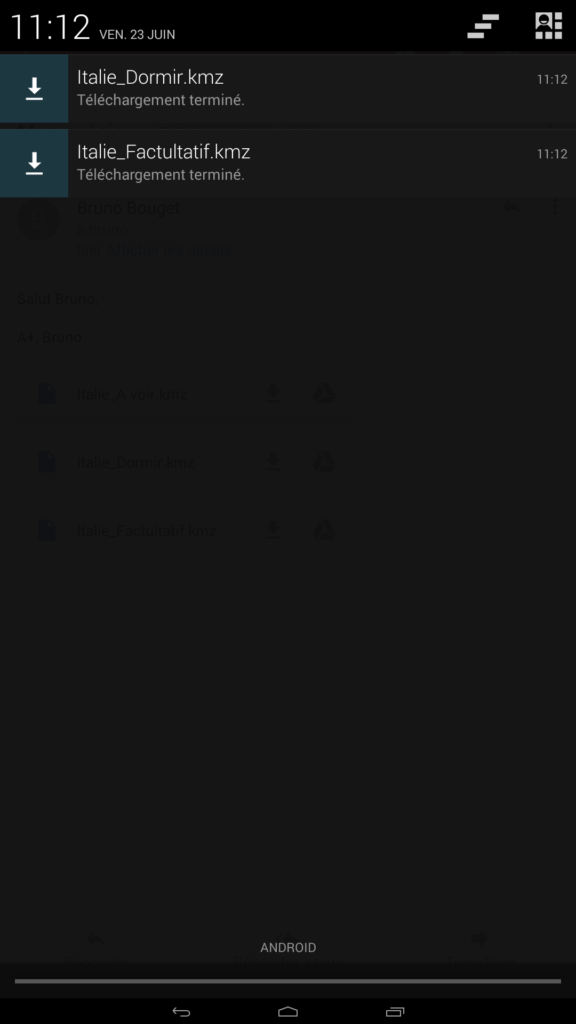 Capture d'écran notifications fichiers kmz téléchargés