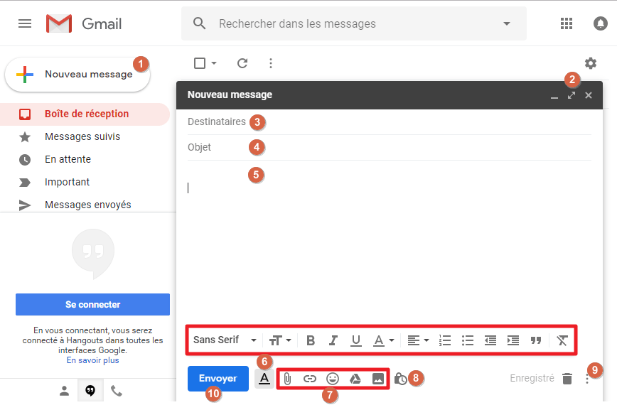 Capture d'écran du site Gmail, création d'un nouveau message