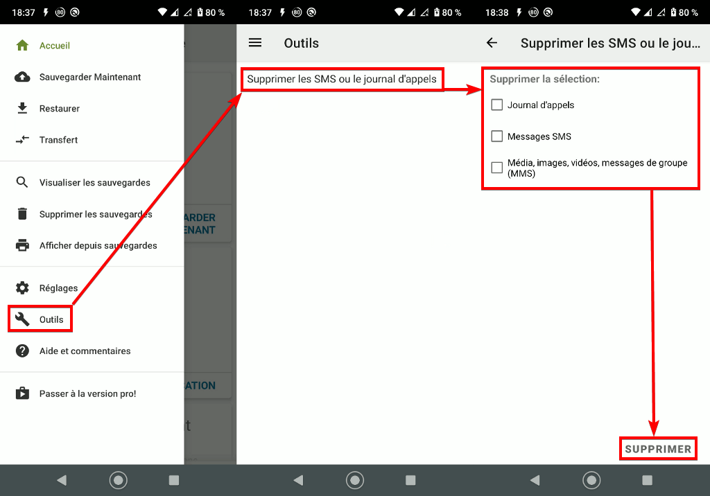 Capture d'écran de l'application Android SMS Backup & Restore, restaurer les sauvegardes.