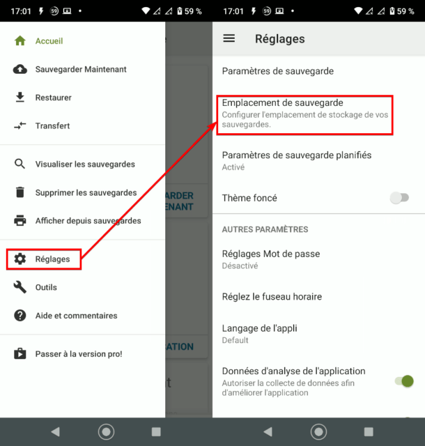 Capture d'écran de l'application Android SMS Backup & Restore, paramètres "Emplacements de sauvegarde".