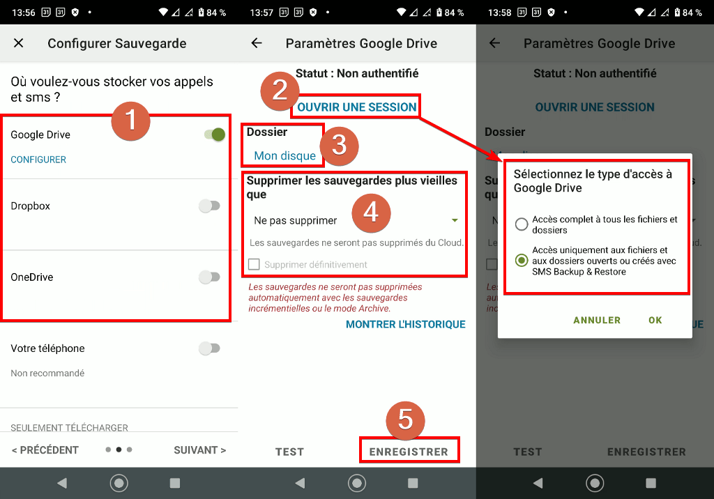Capture d'écran de l'application Android SMS Backup & Restore, paramètres emplacement Google Drive