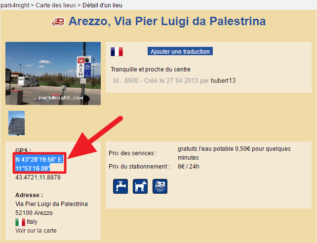 Capture d'écran du site park4night : sélection et copie des coordonnées GPS
