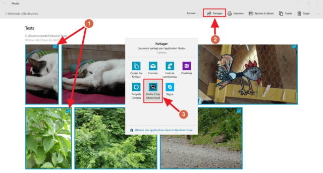 Capture d'écran de l'application Photos, partage vers Resize Crop Share Email.