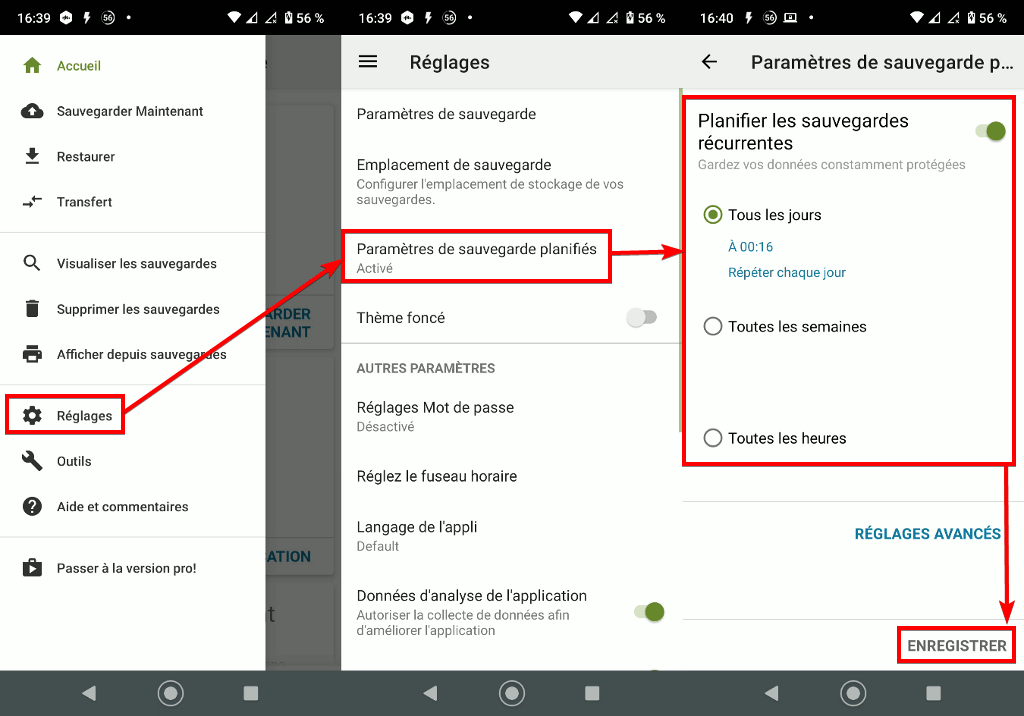 Capture d'écran de l'application Android SMS Backup & Restore, "paramètres de sauvegarde planifiés".