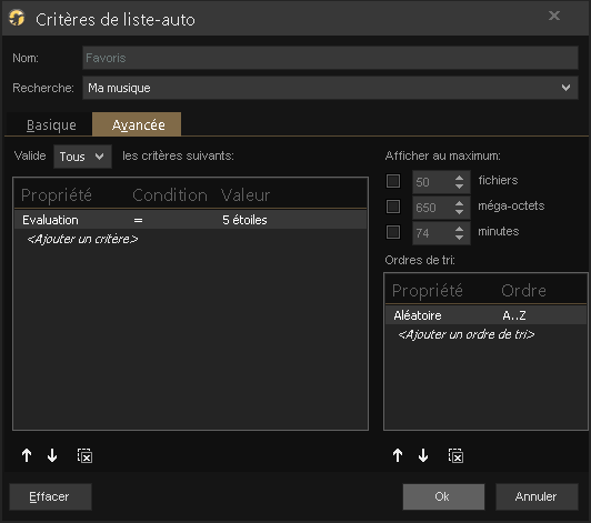 Capture d'écran de l'application MediaMonkey, fenêtre "Critères de liste-auto".
