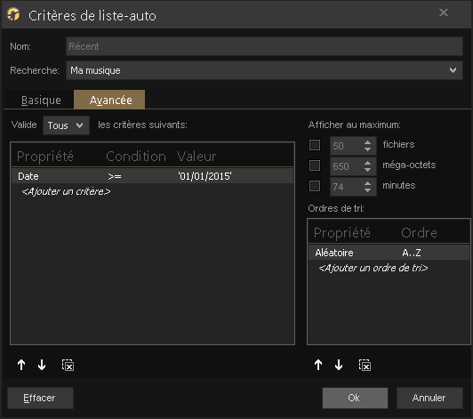 Capture d'écran de l'application MediaMonkey, fenêtre "Critères de liste-auto".