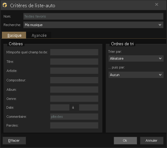 Capture d'écran de l'application MediaMonkey, fenêtre "Critères de liste-auto".