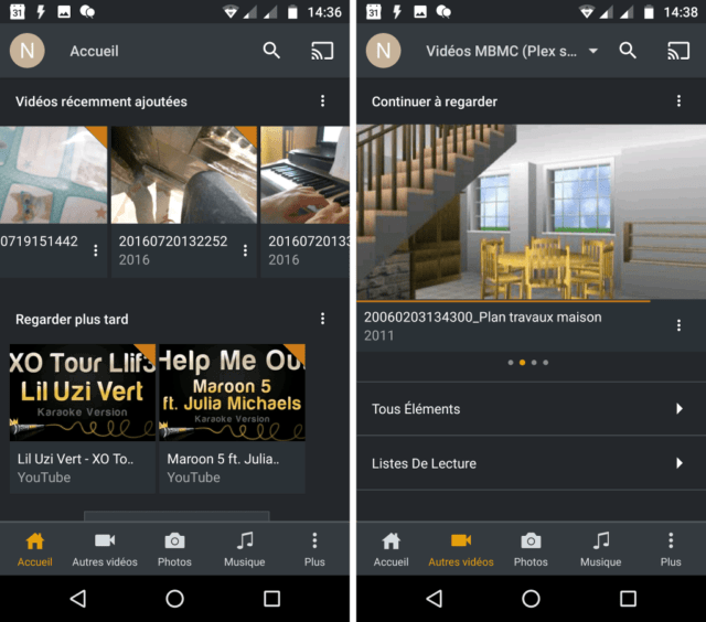 Capture d'écran de l'application Android Plex qui permets de regarder des vidéos via réseau local