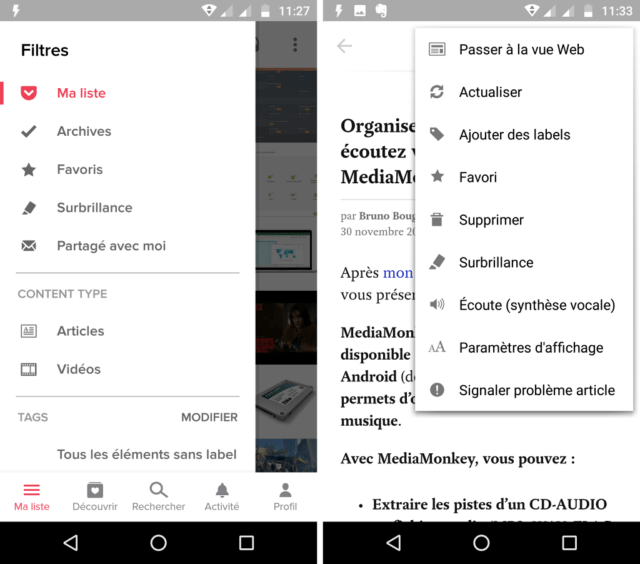 Capture d'écran de l'application Pocket