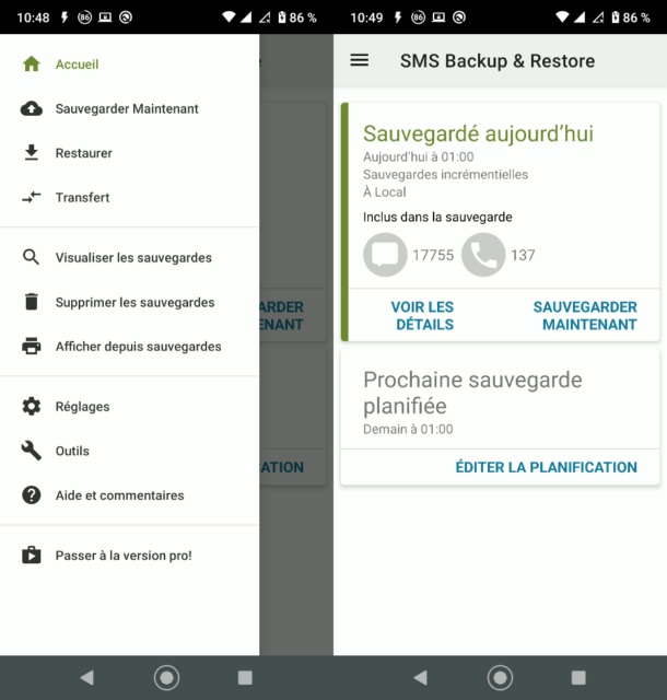 Capture d'écran de l'application Android SMS Backup & Restore (volet latéral gauche et écran d'accueil)