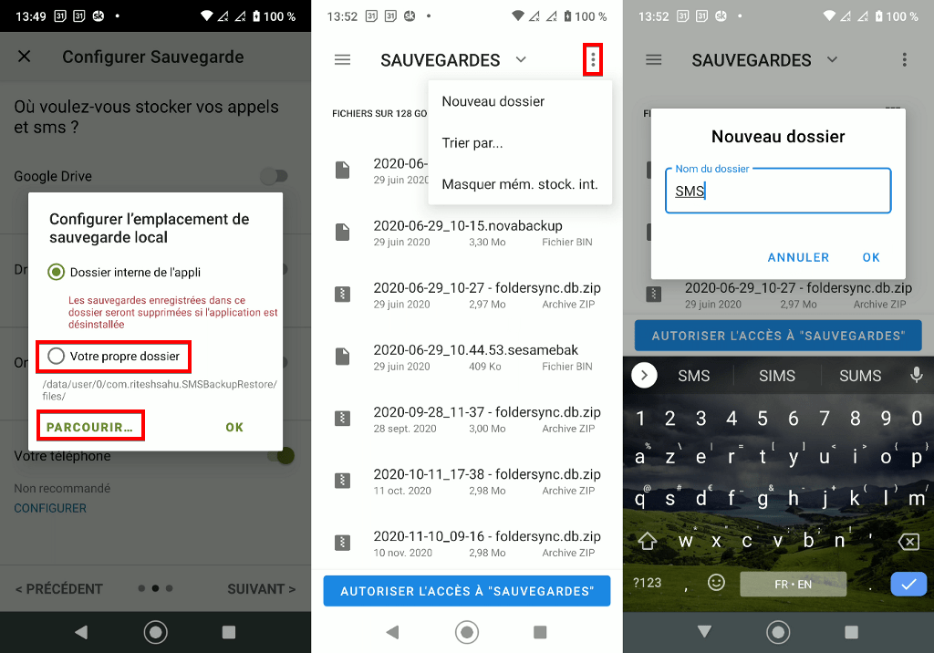 Capture d'écran de l'application Android SMS Backup & Restore, choix de son propre dossier pour l'emplacement des sauvegardes.