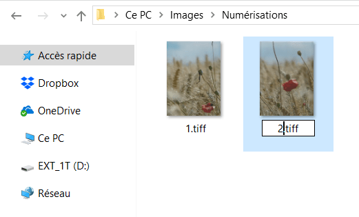 Capture d'écran de l'application explorateur de fichiers Windows, renommage du fichier numérisé 2.