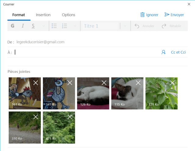 Capture d'écran de l'application Courrier avec les images traitées par Resize Crop Share Email en pièces jointes.