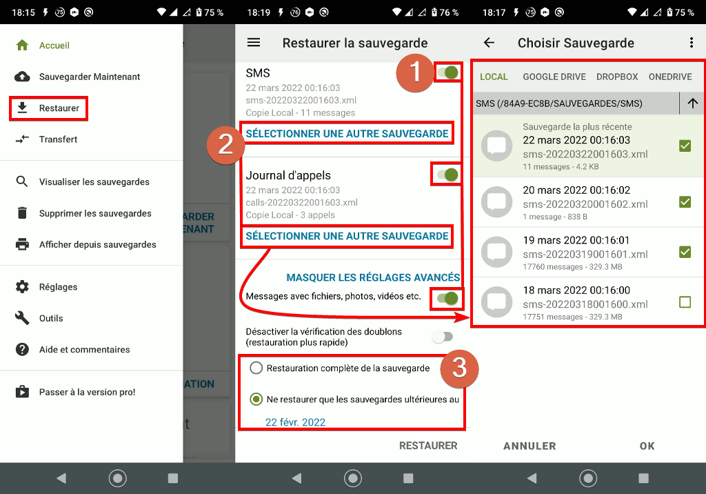 Capture d'écran de l'application Android SMS Backup & Restore, restaurer des sauvegardes
