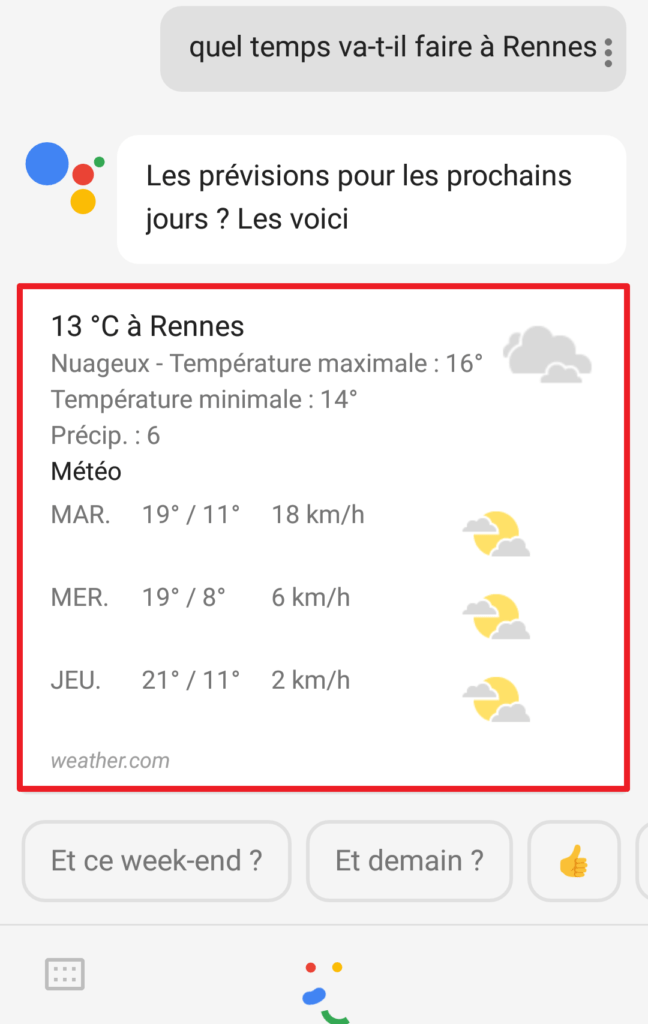 Capture d'écran de l'application Google assistant, résultat météo.