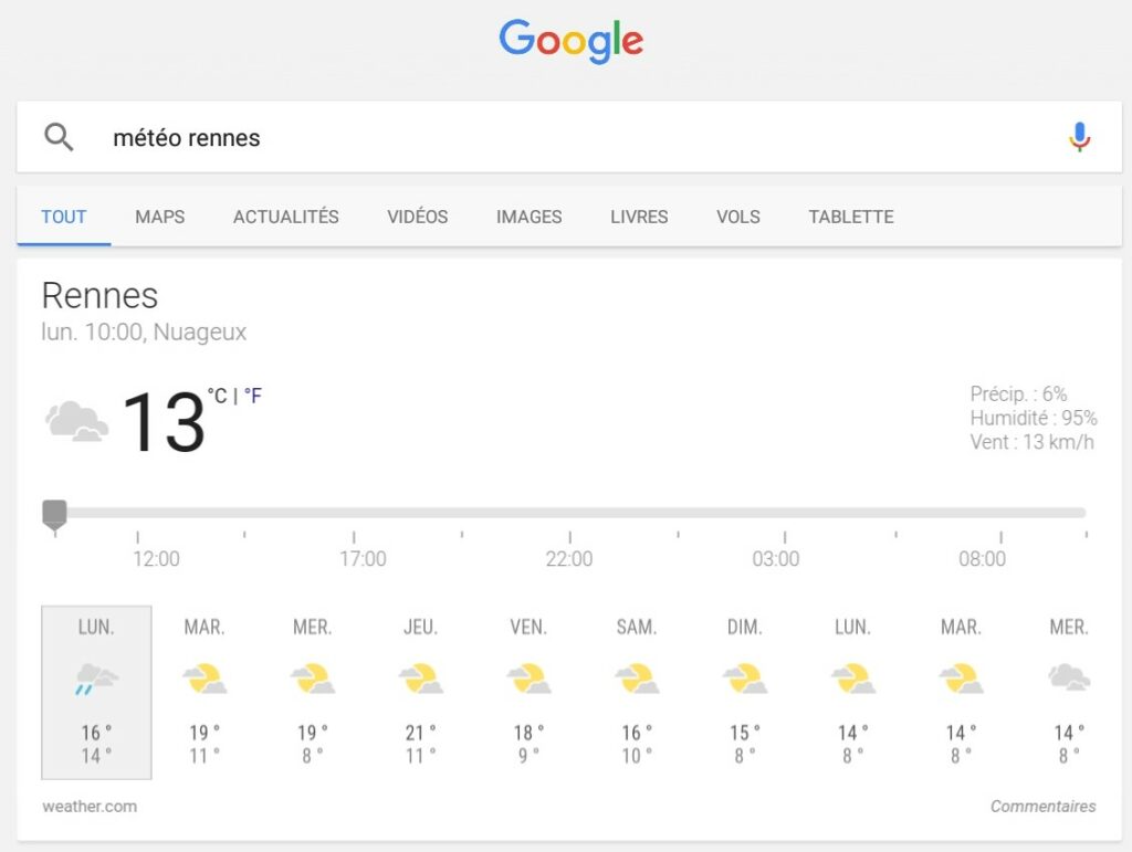 Capture d'écran de l'application Google, ancienne version vue météo.