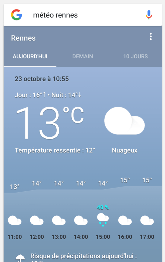 Capture d'écran de l'application Google, nouvelle version vue météo.