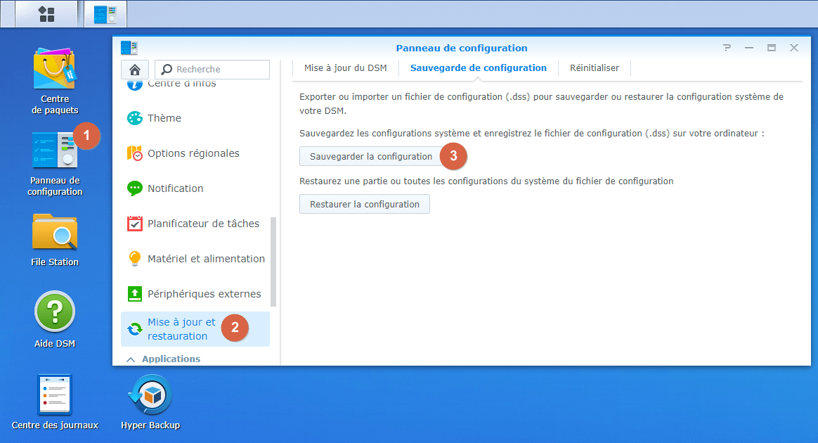 Capture d'écran de l'interface web d'administration Synology DSM.