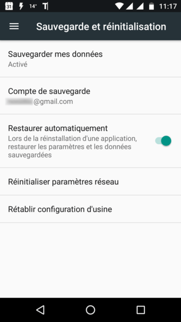 Capture d'écran de l'écran "Sauvegarde et réinitialisation" des paramètres Android.
