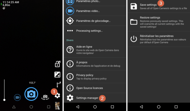 Capture d'écran de l'application Android "Open Camera".
