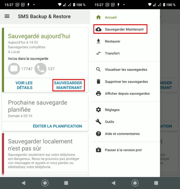 Capture d'écran de l'application Android SMS Backup & Restore, sauvegardes manuelles.