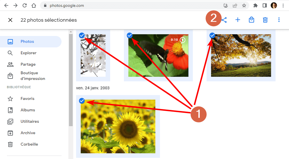 Capture d'écran du site web Google Photos montrant des photos cochées et un bouton de partage