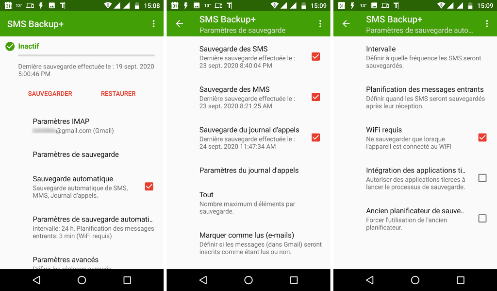 Capture d'écran de l'application Android "SMS Backup +".