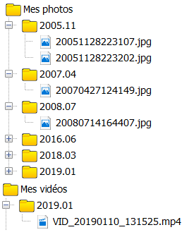 Capture d'écran d'une structure de dossiers et fichiers de type "Images" et "Vidéos perso".